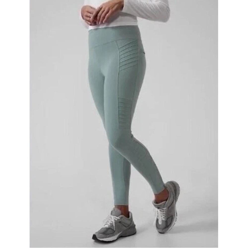 Athleta Women's Delancey Moto Tight Leggings Green Zipper Pockets Sz L